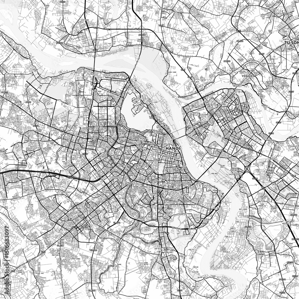 Fototapeta premium Hanoi Area Map with Labels and Neighborhoods - One color, minimalistic design