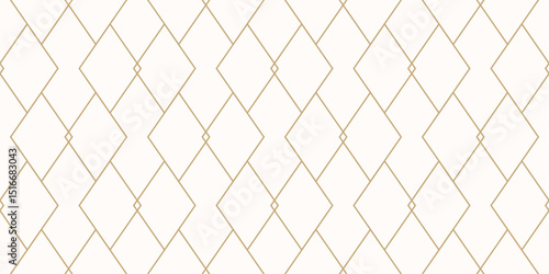Golden vector geometric lines texture. Subtle seamless pattern with diamonds, outline rhombuses, linear grid. Minimal abstract gold and white ornament. Art deco style. Trending minimalist background
