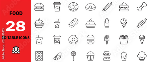 "Set of Clear and Easy-to-Recognize Icons Depicting Various Foods, Dishes, Drinks, and Ingredients for Better Visual Representation in Menus, Apps, and Guides"