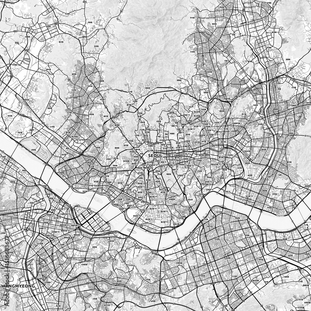 Naklejka premium Seoul Area Map with Labels and Neighborhoods - One color, minimalistic design