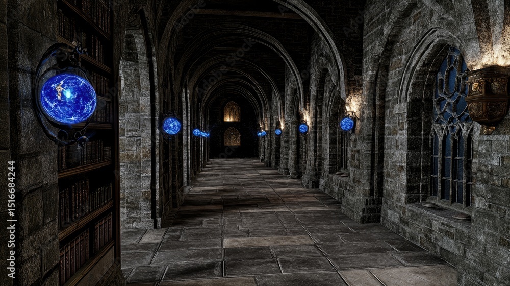 Fototapeta premium Stone corridor with glowing globes and arched windows.