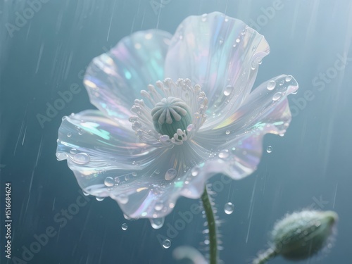 Iridescent poppy flower with water droplets in soft focus against blue sky