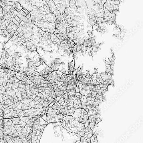 Photography Sydney Area Map with Labels and Neighborhoods - One color, minimalistic design