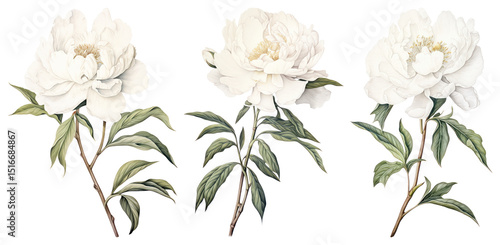 Fototapeta Naklejka Na Ścianę i Meble -  PNG Three white peony illustrations with green leaves element set on transparent background.