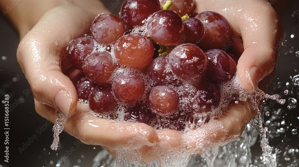 Fototapeta premium Fresh red grapes being washed in water.