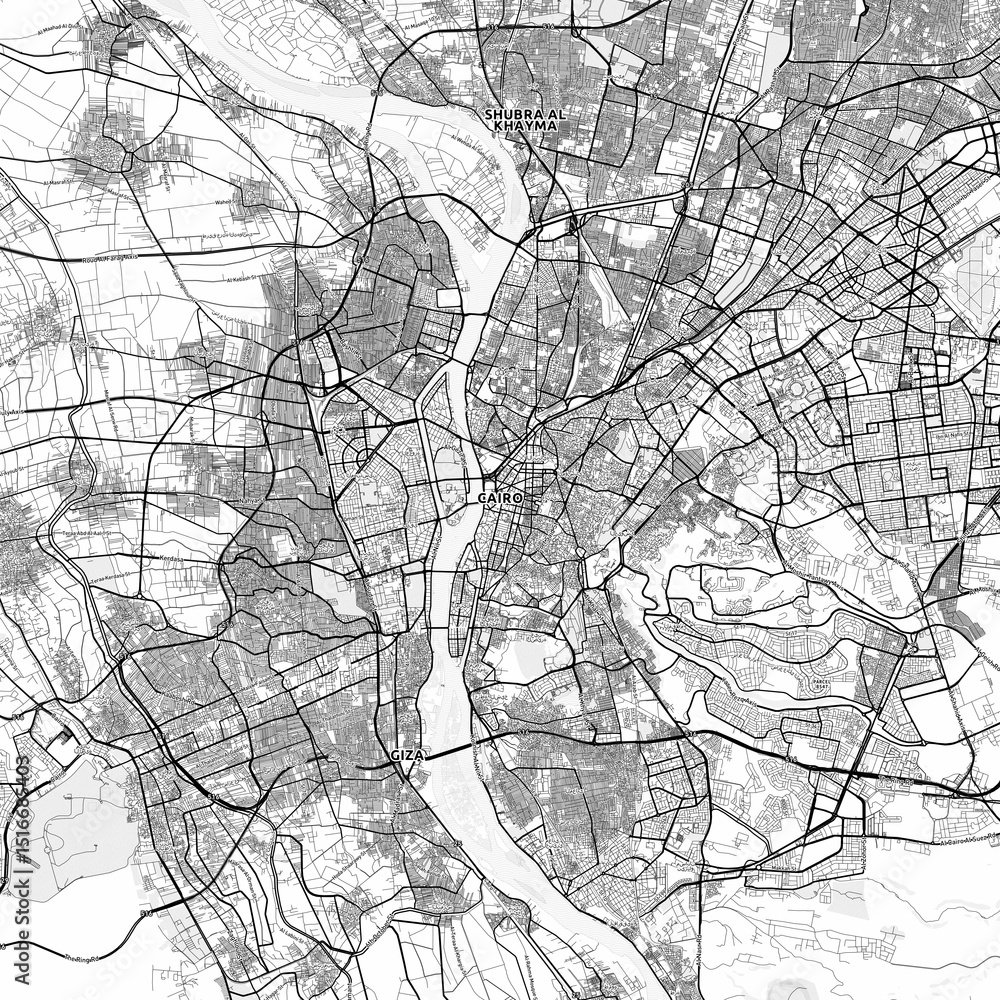 Fototapeta premium Cairo Area Map with Labels and Neighborhoods - One color, minimalistic design