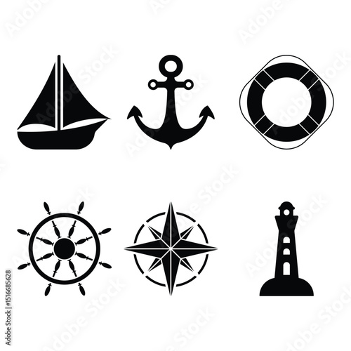 A Nautica themed icon set inspired by maritime elements, featuring ships, anchors, compasses, waves, and naval symbols. Perfect for ocean navigation, military, logistics, and nautical branding