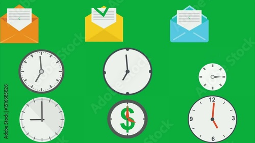 green screen white background clock icon dollar sign it envelope yellow email image check mark google logo blue sticker red center squares middle animated chromakey background.