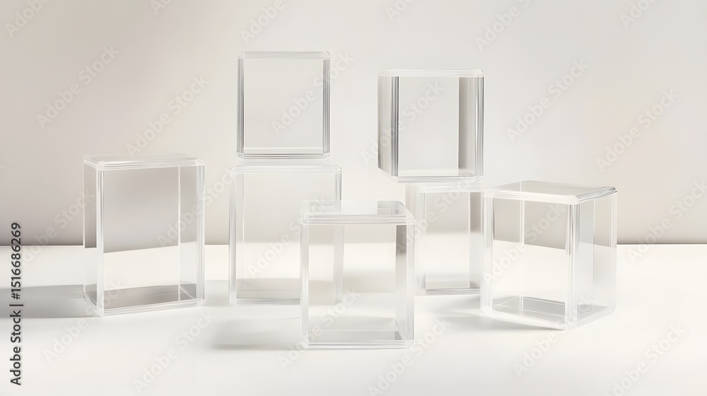 Fototapeta premium Clear acrylic cube display boxes arranged on a white surface.