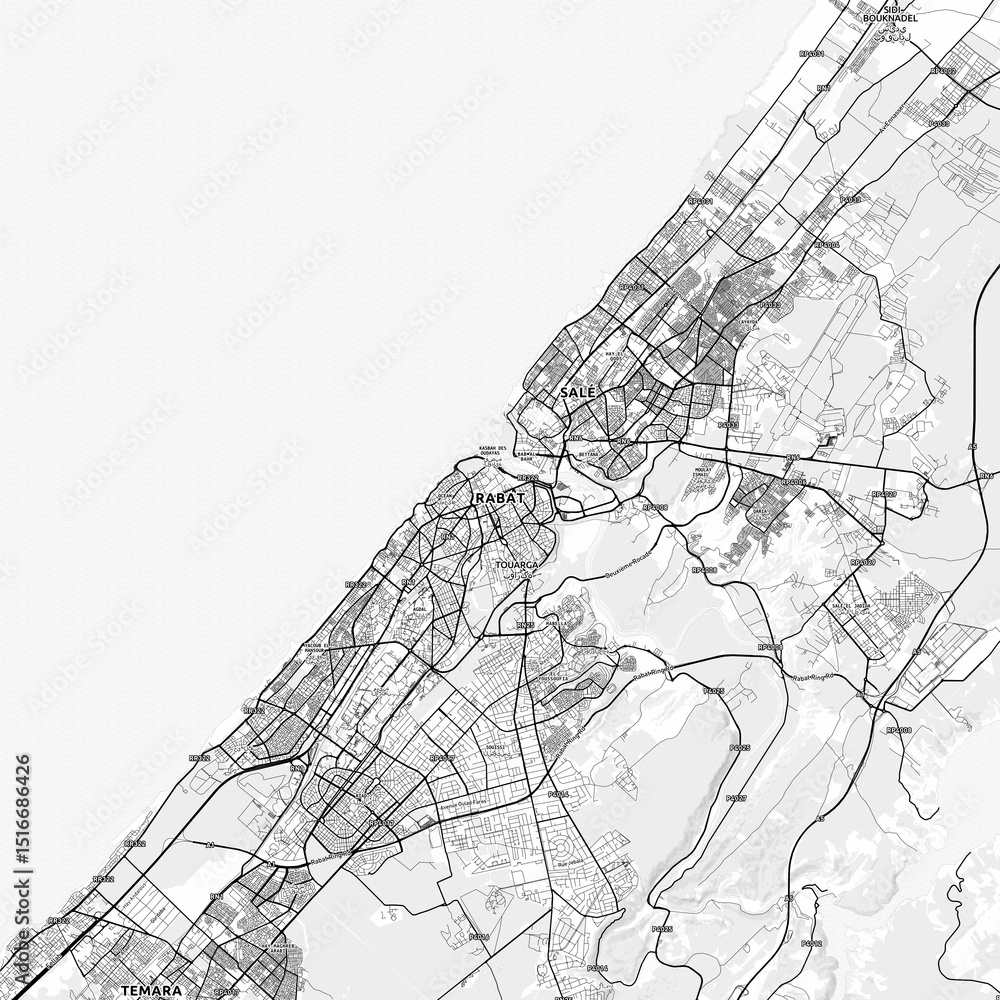 Obraz premium Rabat Area Map with Labels and Neighborhoods - One color, minimalistic design