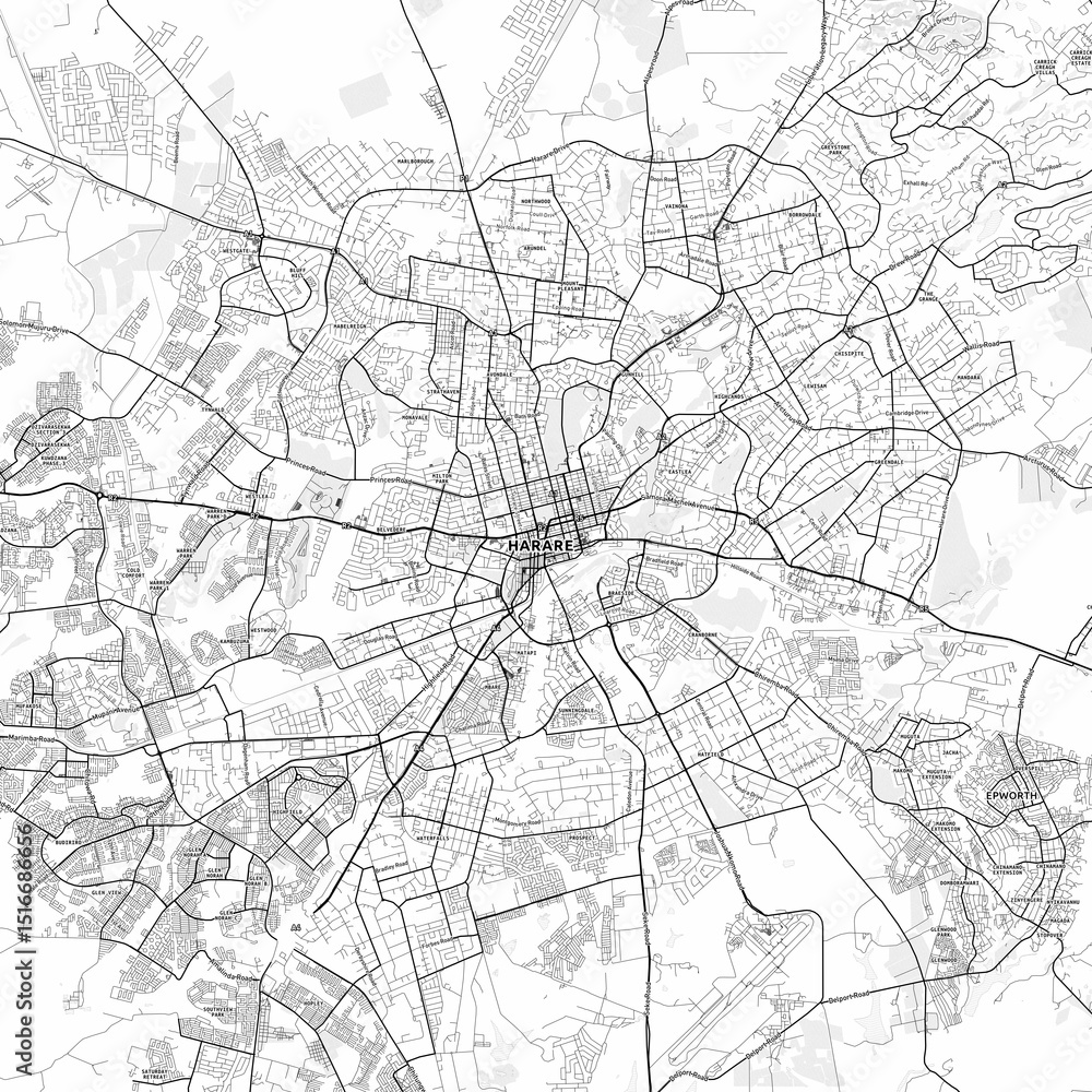 Naklejka premium Harare Area Map with Labels and Neighborhoods - One color, minimalistic design