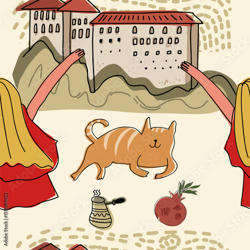 Seamless pattern symbols of turkey, hand drawn vector illustration.