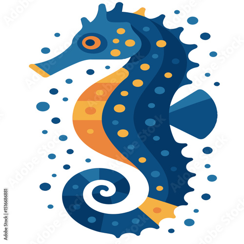 A blue and orange sea horse with a yellow stripe. The sea horse is surrounded by a lot of dots