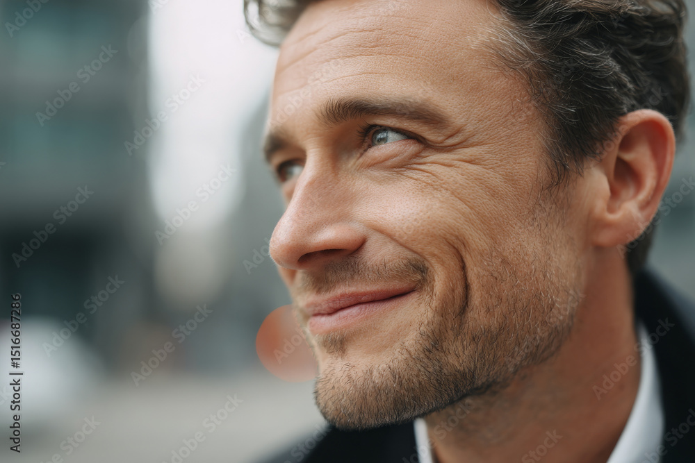 Obraz premium Smiling man face closeup with city backdrop, feels happy and confident