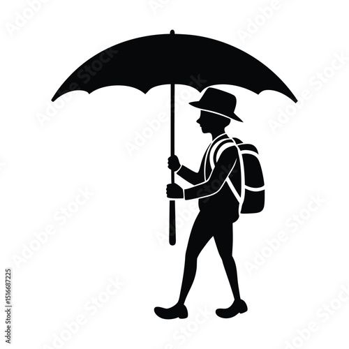 silhouette of a traveler with umbrella