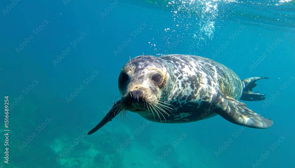Fototapeta premium playful seal swimming in clear blue ocean water showcasing its curious expression and natural habitat