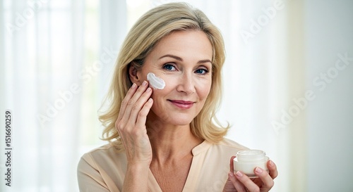 Mature woman applying moisturizer to her face in front of a window for hydration and a youthful look. Skincare is essential for healthy skin.
