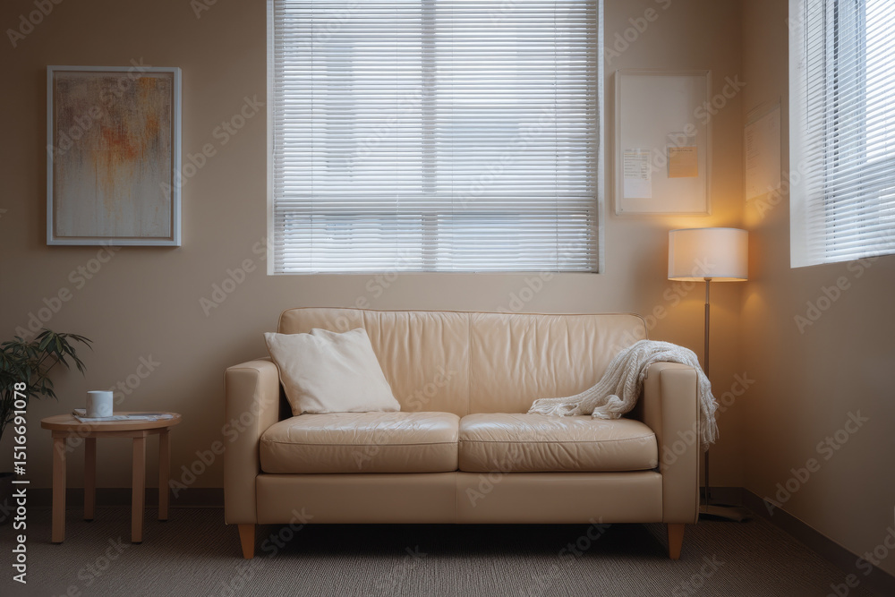 Fototapeta premium Soft light falls on empty couch, creating serene atmosphere inviting reflection