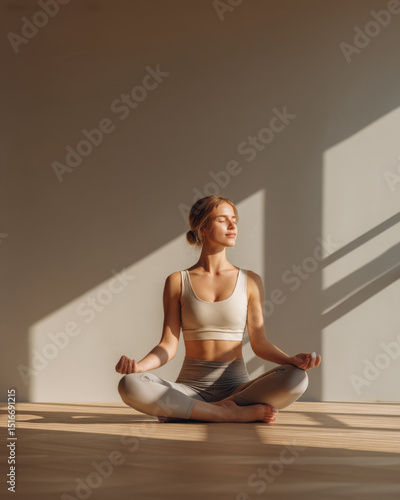 Woman doing yoga feels serene in minimalist living room early morning
