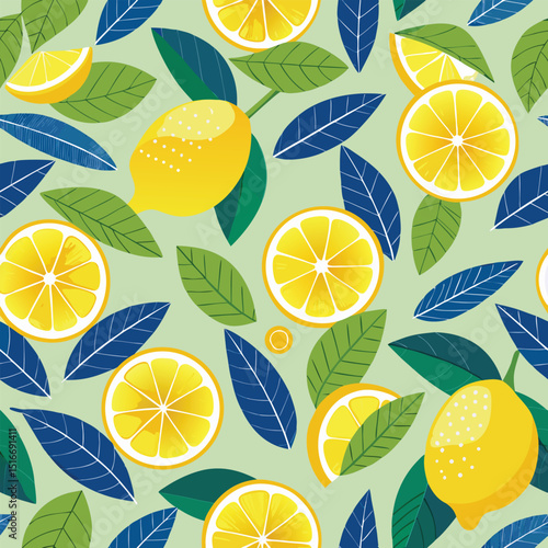 Bright citrus fruit pattern with fresh lemon slices, a juicy and sweet tropical design