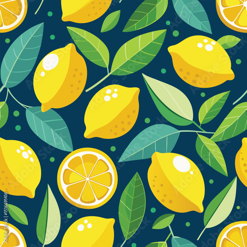 Seamless vector pattern with fresh lemons and leaves, ideal for fruit-themed summer designs
