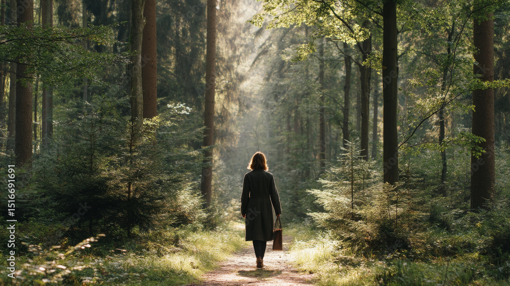 Woman walking forest path slowly, feeling peaceful and serene Woman walking forest path slowly, feeling peaceful and serene