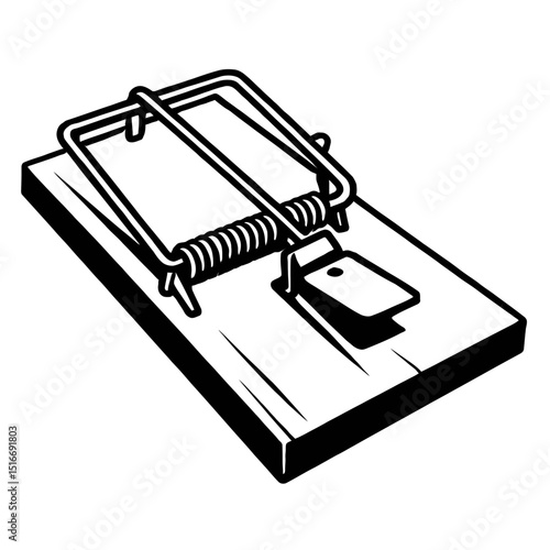 Traditional Black and White Mousetrap Vector Illustration - Classic Rodent Control Device for Pest Management, Problem Solving, and Catching Designs