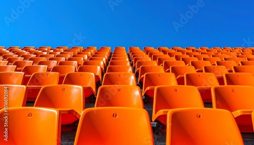 repeating pattern of orange stadium seats under a bright blue sky emphasizing structure and symmetry