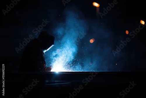 capture minimalistic scene of welder working on metal structures while sparks fly against darkened backdrop to emphasize