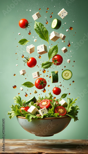 Wallpaper Mural A tossed Greek salad featuring feta, tomatoes, and olives is captured mid-flight above a bowl in a studio setting. Torontodigital.ca