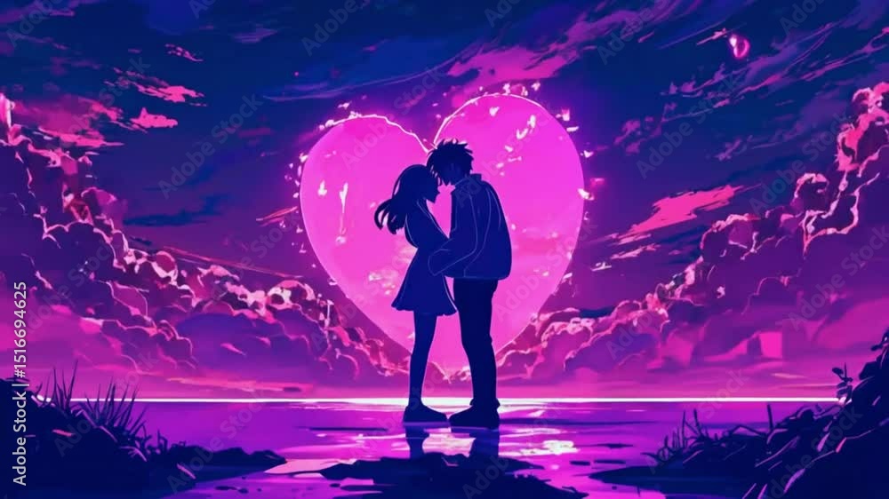 Silhouette of couple hugging against pink heart shaped moon in a dreamy purple landscape scene art