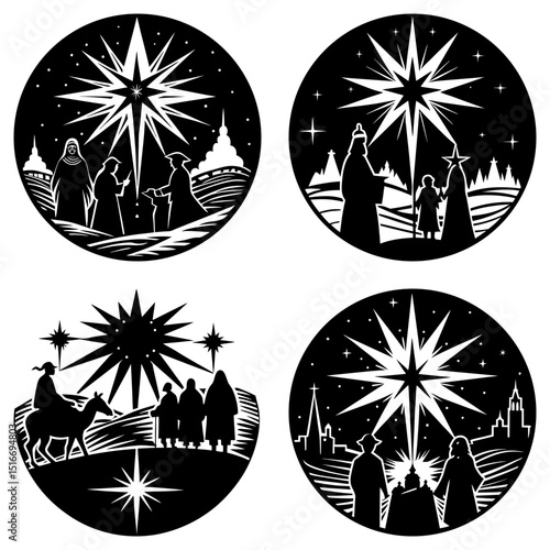 Four circular nativity scenes with the three wise men and the star of bethlehem in black and white style