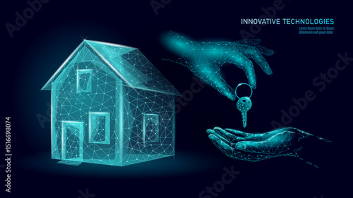 Digital house keys transaction concept. Futuristic residence handover technology solution. Real estate mortgage property investment security. Polygonal wireframe neon blue dark background vector