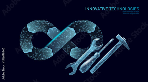 DevOps infinity loop concept with tools. Continuous process automation pipeline engineering artwork. Software development system integration repair.