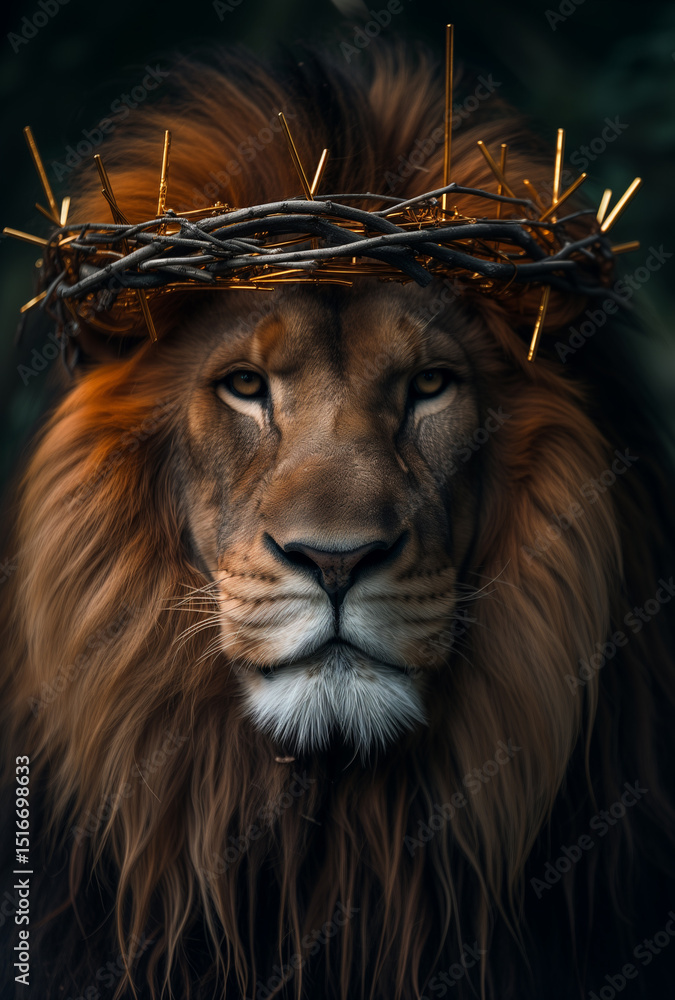 Naklejka premium LEÃO DE JUDÁ, imagem poderosa justapondo uma figura gentil de Jesus com uma coroa de espinhos ao lado de um leão majestoso, simbolizando um encontro profundo entre o amor divino e a força bruta,