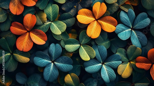 Vibrant foliage composed of orange, green, and blue leaves creates a stunning natural pattern ideal for nature-themed designs.