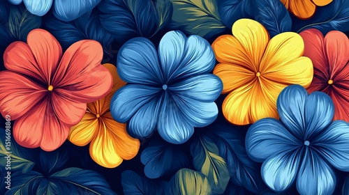 Wallpaper Mural Vibrant floral pattern featuring colorful hibiscus flowers in shades of blue, orange, and red with lush green leaves on a dark background. Torontodigital.ca