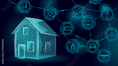 Smart home automation technology concept. Connected devices system futuristic digital design. IoT security convenience energy efficiency. Dark teal background glowing line vector