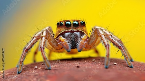 the photo captures a close up, highly detailed macro shot of a spider, showcasing its intricate patterns and textures in stunning clarity.