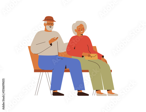 Love senior couple sit on bench and talk. Old Man and woman on the date outdoors. Romantic elderly male and female for valentine. Flat vector illustration on white background
