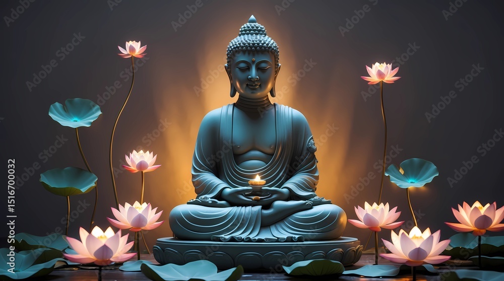 Obraz premium Enlightenment: Buddha Statue Surrounded by Lotus Flowers
