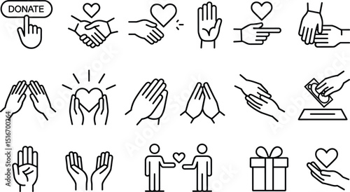 Charity and Donation Icon Set for Giving, Helping, Fundraising, Volunteer Support, Kindness, and Humanitarian Aid, Editable Vector Graphics
