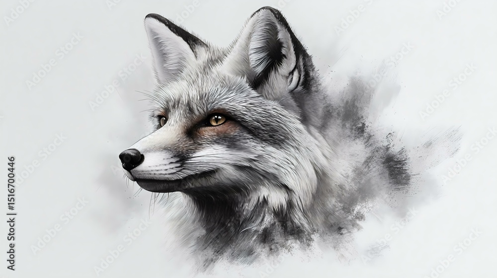 Obraz premium A detailed illustration of a fox's face, showcasing realistic features and expressive eyes against a light background.