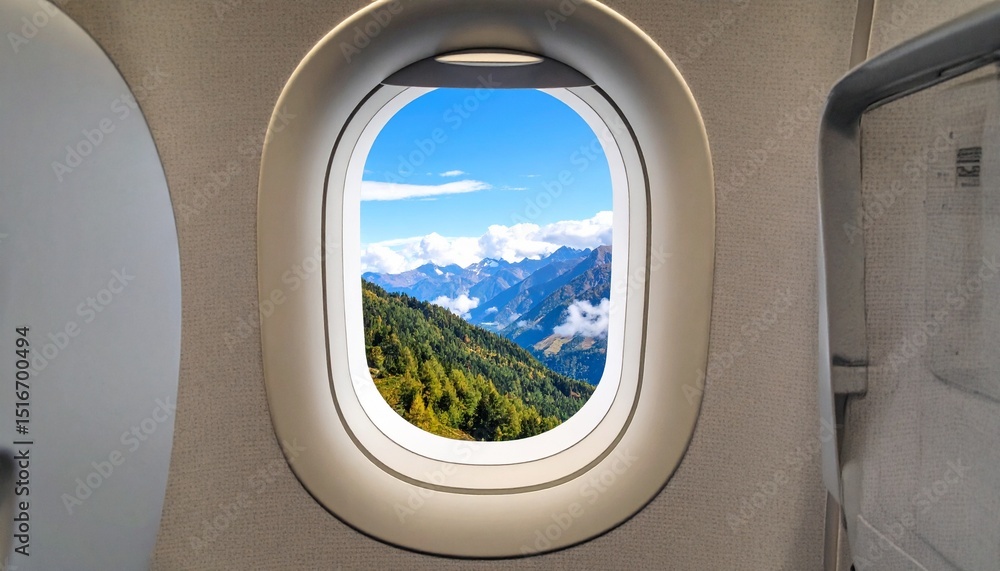 Airplane window. Mountain and clouds view Airplane window. Mountain and clouds view