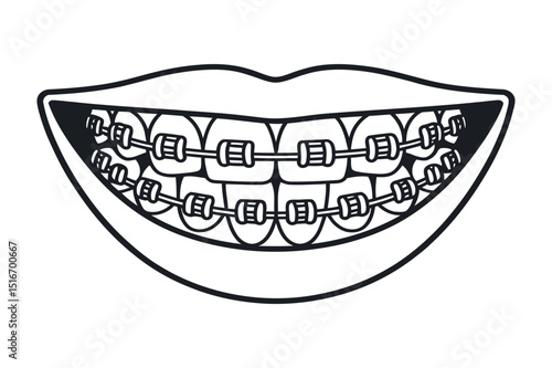 Illustration of a Smiling Mouth with Teeth Fitted with Braces Orthodontic Treatment for Dental Alignment and Improved Oral Health and Aesthetics