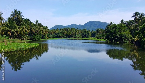 tranquil kerala backwaters mirroring lush tropical vegetation and majestic mountains under a serene sky