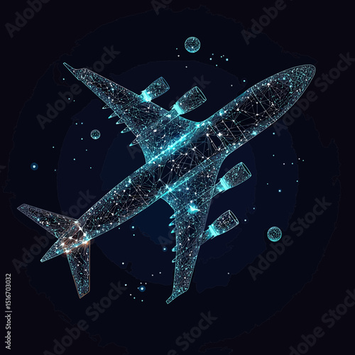Top view of glowing digital wireframe airliner with constellation and star network connection in space illustration for futuristic transportation technology concept