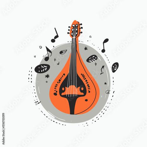 Vintage mandolin illustration with musical notes and abstract decorative elements in minimalist flat style orange and black vector art design