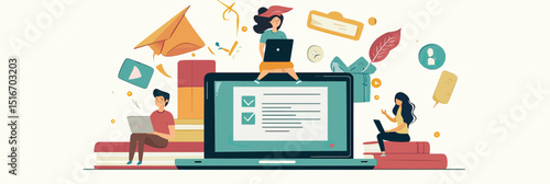 Online education concept with diverse people using laptop and smartphone for self development and e learning in flat minimalist style vector illustration