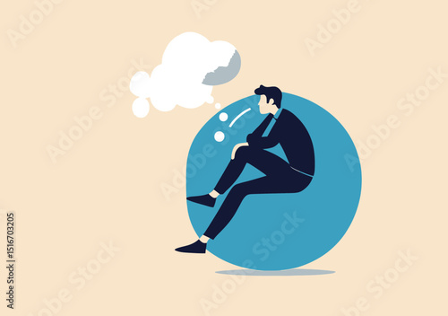 Thoughtful businessman sitting inside a transparent blue bubble with a white thought cloud, conceptual vector illustration of contemplation and problem solving in minimalist flat style